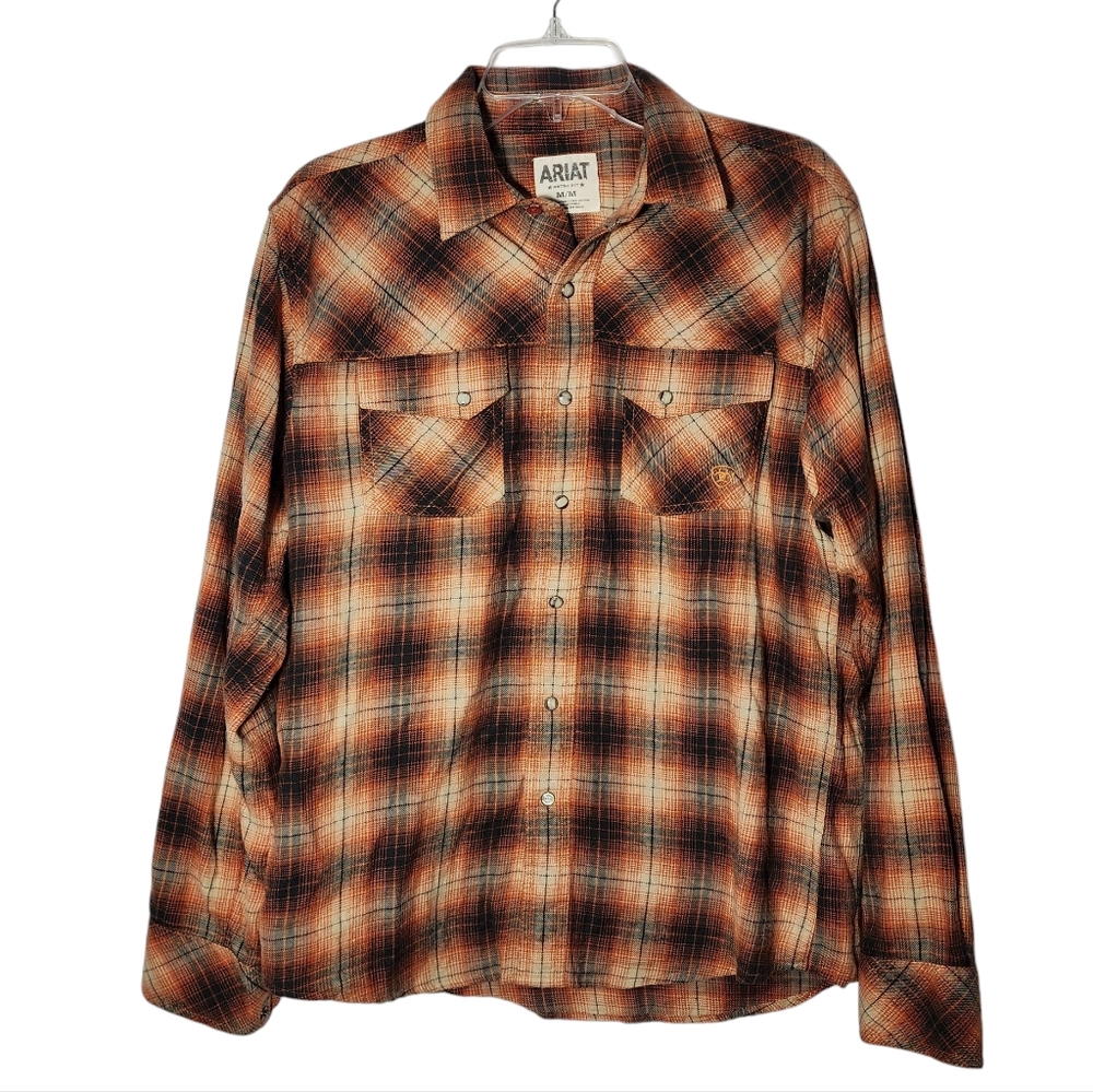 Ariat Retro Fit‎ Long Sleeve Shirt Flannel Men M  100% Cotton Pearl Snap Western